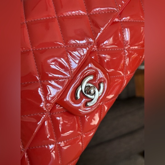 Chanel CC Quilted Patent Flap Clutch Chain Orange Silver Shoulder Bag Purse - Picture 13 of 16